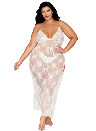 Nuisette longue blanche grande taille en dentelle florale, string assorti - DG13667XWHT